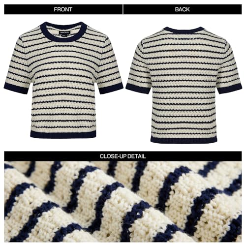Image of URBAN REVIVO Women's Short Sleeve Sweaters Crewneck Knit Tops Casual Striped 2025 Trendy Soft Summer Blouses