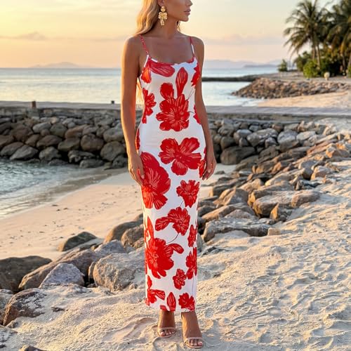 Image of Womens Summer Casual Floral Dresses Spaghetti Strap Bodycon Maxi Beach Dress Elegant Evening Party Long Dresses