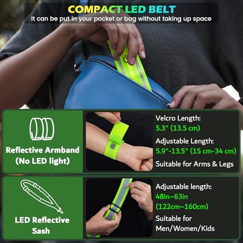 Reflektierende LED-Laufausrüstung, hohe Sichtbarkeit, reflektierende Gürtelschärpe mit Armband für Spaziergänge bei Nacht, verstellbare Lauf-Sicherheitsausrüstung, beleuchteter Laufgürtel für Läufer