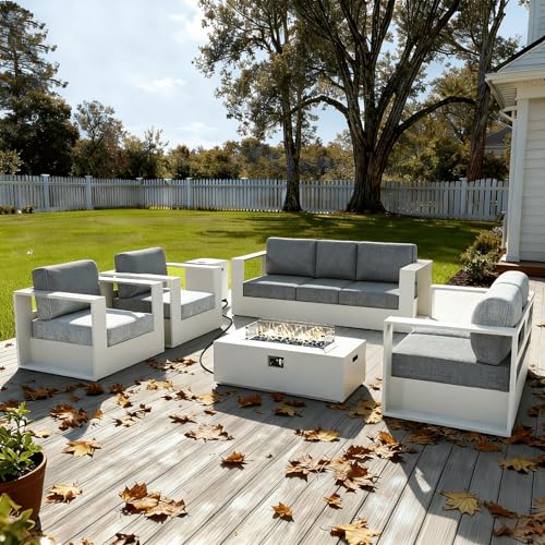 Image of LayinSun Oversized Aluminum Outdoor Furniture Set, 4 Piece Patio Sofa Sets with Fire Pit Table, Deep Seating and Upgraded 6-inch Cushions for Porch, Balcony, Deck