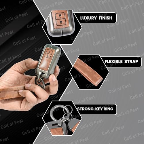 Image of Premium Metal PU Leather Car Key Cover Compatible with Maruti Suzuki jimny Baleno Grand Vitara XL6 Swift New Brezza 2022 Ertiga Dzire 2 Button Flip Smart Key Metal Enclosure with Keychain