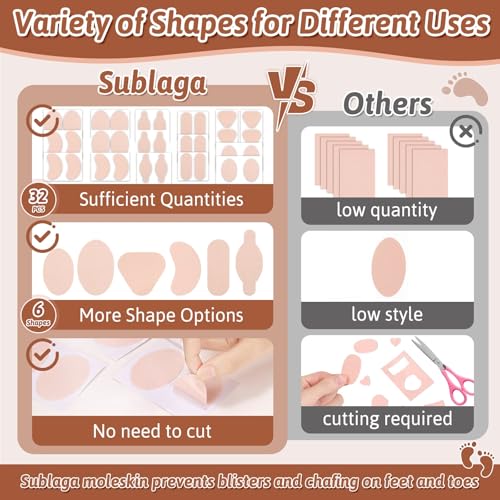 Image of Shynek 32 Sheets Moleskin for Blisters, 6 Shapes Moleskin for feet, Variety Pack Moleskin | Moleskin Padding, Adhesive Moleskin for Shoes, Moleskin for Toes, Reduce Friction Painfor Walking, Running & Sports -Beige