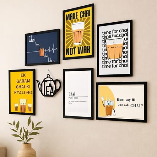 Image of PAINTINGMANTRA Chai TEA Retro Theme Kitchen & Cafe Framed Wall Art Painting Food Kitchen Quotes Painting With Frame Wall Decor for Home, Restaurant, Cafe, Set of 7 (1 MDF wall Hanging) 9x13 Inch