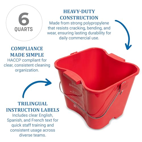 Image of San Jamar Kleen-Pail Pro, Bucket with Handle for Cleaning Products in Commercial and Home Setting, 6 Qts, 12 Count, Red