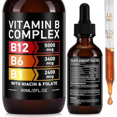 Vitamina B Gotas líquidas de complejo, 60ml Vitamin B Complex Liquid Drops: Vitamina B3, B6, B12, B1 y folato