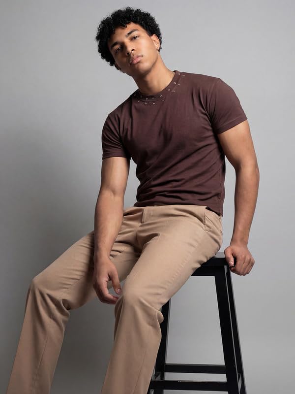 Image of FUGAZEE 100% Cotton Brown Eyelet Detail Cropped T-Shirt | Short Sleeves & Round Neck
