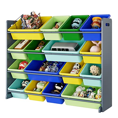 HearCare PUPL Toy Storage Organizer Bin, Multi-Functional Toy Storage Cabinet with Shelf and 16 Plastic Bins for Bedroom, Living Room, Playroom, Home Furniture, Gray Rack and Colorful Bins