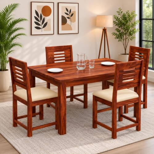 Image of AADITYA WOODS Solid Sheesham Wood 4 Seater Dining Table with Chair Set for Living Room | Wooden Dining Room Set (This is Right Size for Table- 114x76x76 cm) - Honey & Cream