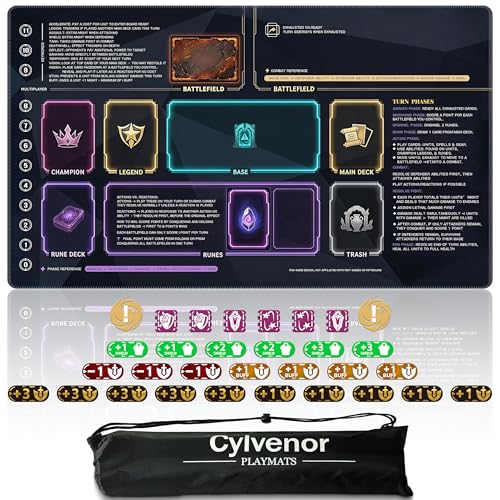 Cylvenor Playmat for Riftbound Board Game (24x14 Inches) - TCG Card Game Mat with 31 Tracking Tokens Waterproof Oxford Bag & Non-Slip Rubber Strategic Zones (Guided Layout)