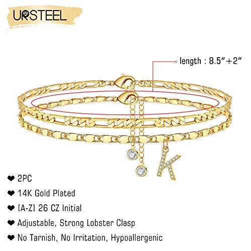 Image of Ursteel Ankle Bracelets for Women, 14K-Gold-Plated Dainty Layered Chain CZ Initial Anklets Set Summer Jewelry Gifts for Women