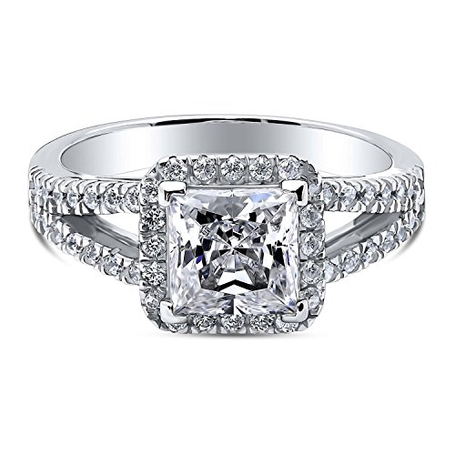 BERRICLE Sterling Silver Halo Wedding Engagement Promise Rings Split Shank Ring for Her, Princess Cut Cubic Zirconia CZ2