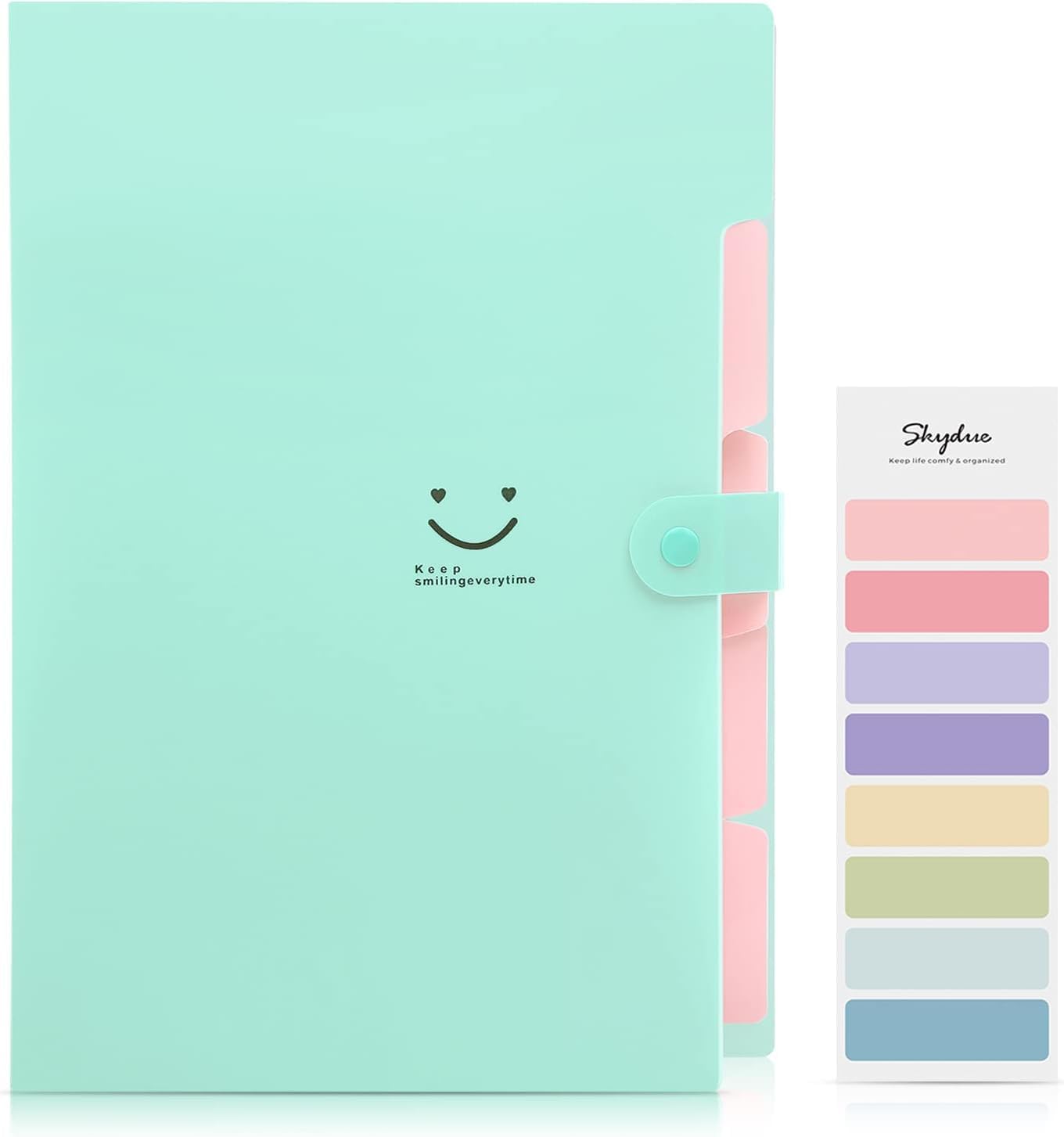 SKYDUE Fächermappe, Dokumententasche A4 Mit Bunten Labeln, Erweiterbar Ordner Mappen Ordnersystem Mit Druckknopf, Dokumentenmappe Für Büro Hause Schulalltag (Mint Grün, 5 Tasche)