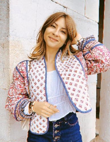 Womens Cropped Puffer Jacket Lightweight Floral Print Open Front Short Outerwear Coats Quilted Padded Jackets3