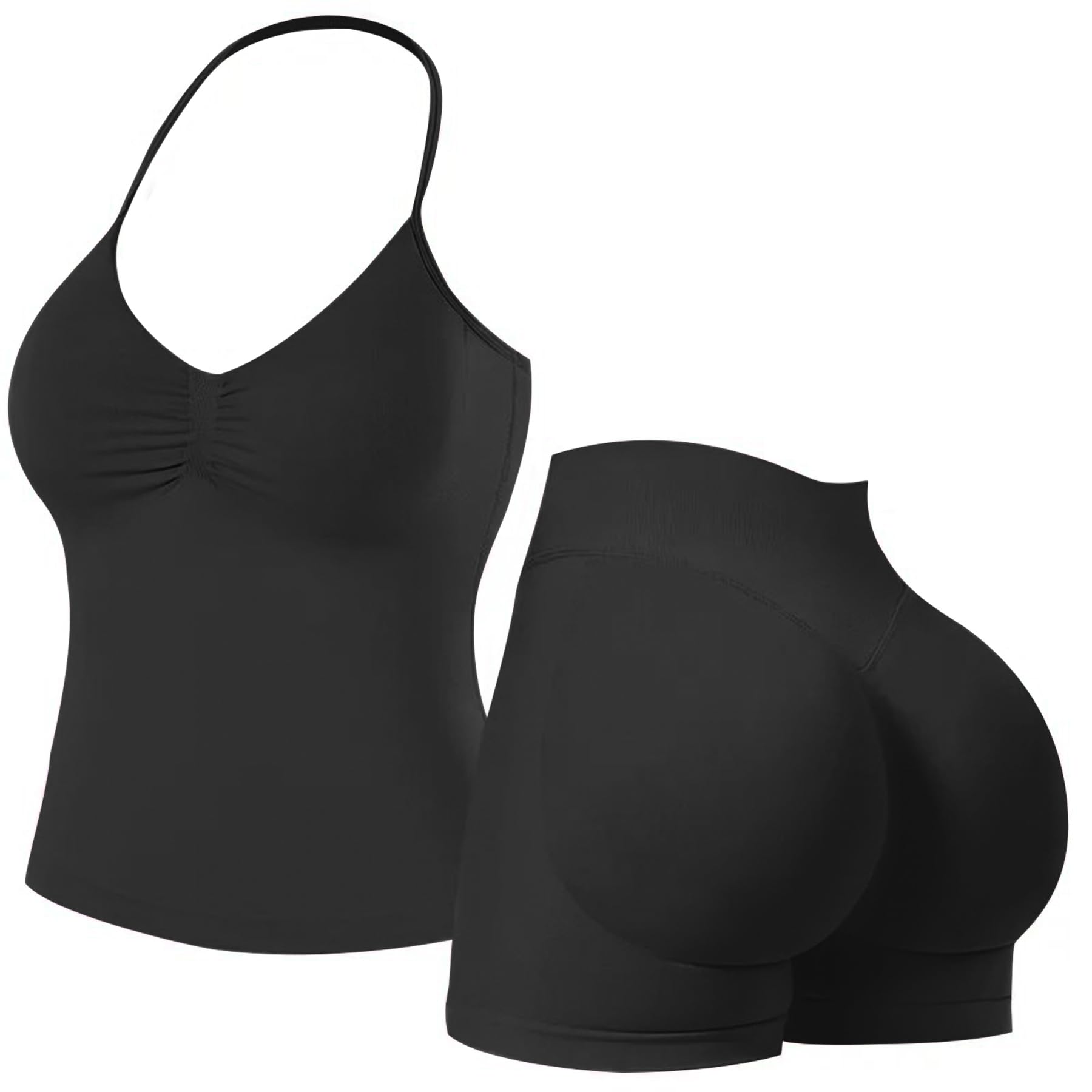 Conjunto de gimnasio sin costuras para mujer, 2 piezas, top corto halter, brasier deportivo, pantalones cortos ocultos, trajes de yoga, ropa deportiva