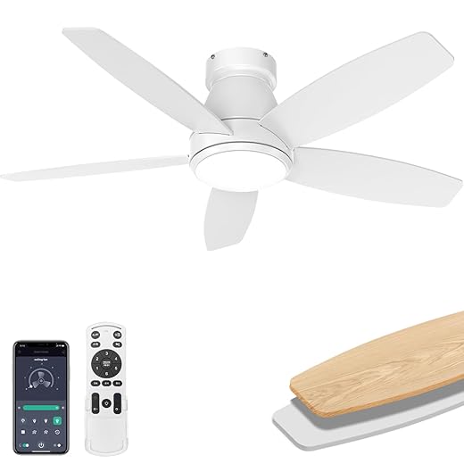42 Inch Ceiling Fans with Lights, Quiet Reversible Fan with Remote & APP Control, 6-Speed, 3 Color Temperatures Dimmable LED, DC Motor, Low Profile Ceiling Fan for Bedroom Living Room（White）