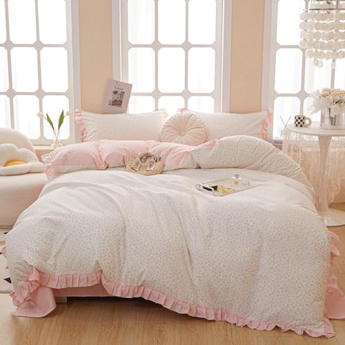 Image of VM VOUGEMARKET Pink Flower Duvet Cover Set Queen Romantic Girls Ruffle Lace Bedding Set Soft Cotton Girls Duvet Cover with 2 Pillow Shams