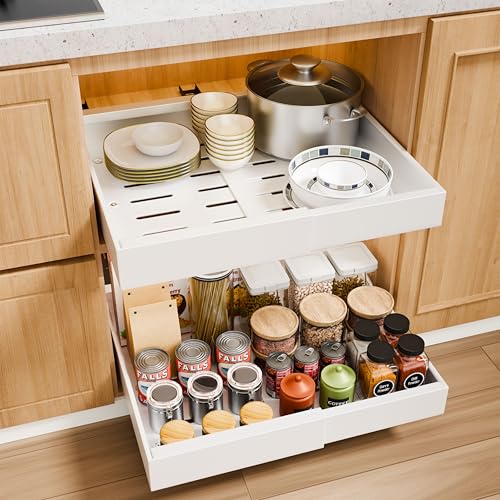 Pull out Cabinet Organizer 2PCS Expandable 12.6" - 20.5" Heavy Duty Adjustable Slide Out Drawer, Roll out Shelf Storage Pantry Bathroom Nano Adhesive Sliding Kitchen Base Cabinet Organization