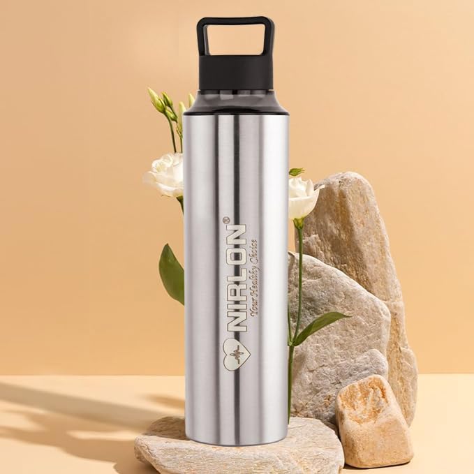 Image of NIRLON Eco Pure Single Wall Stainless Steel Water Bottle, Water Bottles For Fridge Pack of 2|Leak Proof|Office|Gym Bottle|Home|Kitchen|Hiking|Treking Bottle|Travel Bottle [Black Color|900ml]