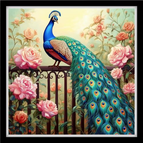 Image of Foxhool Stamped Cross Stitch Kits,11CT Printed Cross Stitch Pattern Full Embroidery Kits for Beginner Needlepoint Kits-Peacock Flower 18x18 inchs
