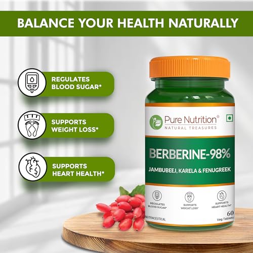 Image of Pure Nutrition Berberine supplements 98% | Berberine Tablets with Jamun Beej, Karela & Fenugreek Extract | Supports Blood Sugar Control, Weight Management, Heart & Metabolic Health | Natural Herbal Wellness Formula - 60 Veg Tablets
