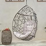 Trendy Grey Hanging Egg Chair Set - Indoor/Outdoor Cozy Weatherr Resistant Lounge Chair with Plush Cushions and Iron Frame