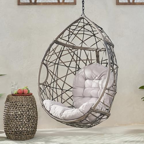 Trendy Grey Hanging Egg Chair Set - Indoor/Outdoor Cozy Weatherr Resistant Lounge Chair with Plush Cushions and Iron Frame