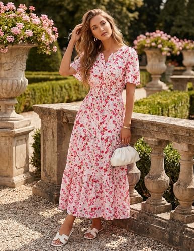 Image of ZESICA Women's 2026 Summer Spring Floral Boho Maxi Dresses Casual Short Sleeve V Neck A Line Flowy Beach Vacation Dress