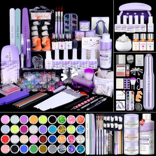 Image of SAVILAND Nails Kit Acrylic Set: Professional Acrylic Nail Kit with Nail Tranning Mat Nail Art Brush Nail Drill Nail Polish with Dryer for Nail Extension Carving