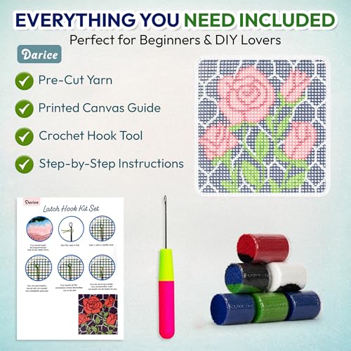 Image of Darice Latch Hook Rug Kit, Roses Design DIY Latch Hook Kit for Kids & Adults, Color Canvas, PreCut Yarn & Hook Tool, Craft Activity & Gift for Kids