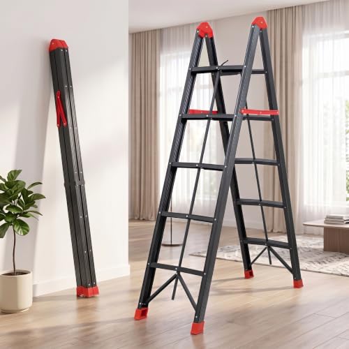 Image of Plantex 5 Step Ladder for Home Use /Heavy-Duty Steel A-Frame Step Ladder /Ultrafold 2 Way Wide Anti-Skid Steps /Space-Saving Fully Foldeble Design (150 kg Capacity, Black & Red)