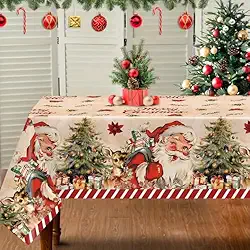 Toalha de mesa retangular Merry Christmas – Toalhas de mesa retrô de Papai Noel com estampa de árvore de Natal e rena, capa de mesa vintage resistente a manchas para feriado/jantar/decoração de festa