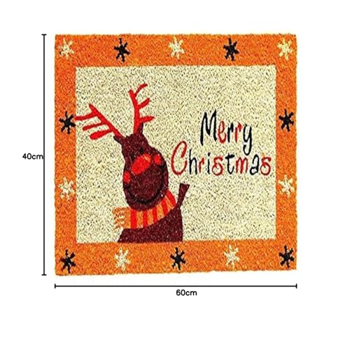 Image of Onlymat Christmas Coir Doormat With Non-Slip PVC Backing for Gateway, Entryway, Outdoor, Indoor, Patio- Durable and Large, Weatherproof Multicolour, Merry Christmas and Reindeer Printed Rug (60cm x 1.5cm x 40 cm)