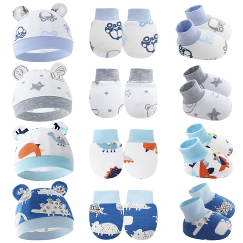Set mit 4 Frühchen-Kappen mit Fäustlingen und Socken aus weichem, warmem Baumwoll-Material mit Bären-Ohren, Krankenhaus-Mütze für Neugeborene, Jungen und Mädchen, 0-3 Monate