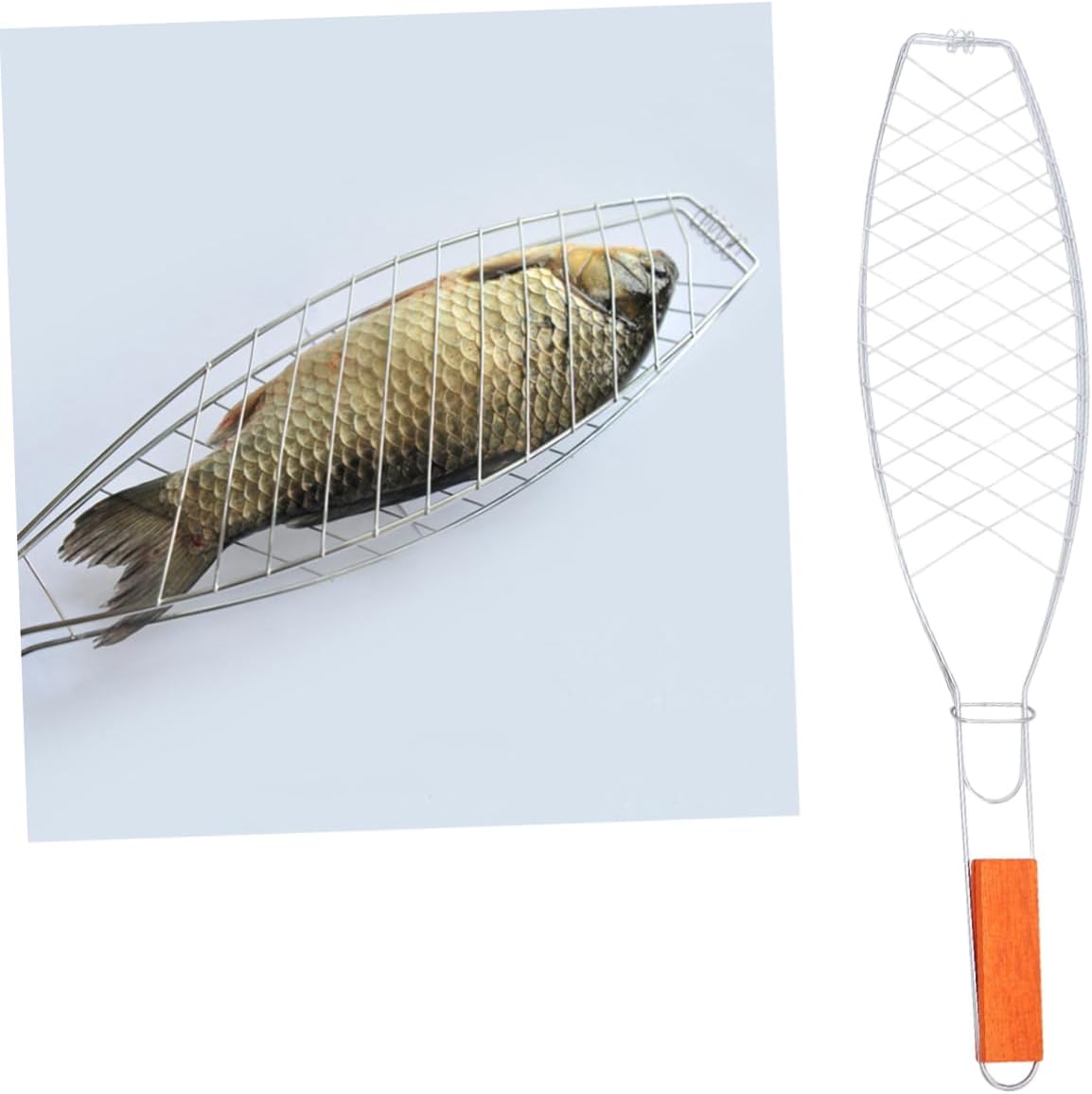 2 Pcs Iron Barbecue Grill Rack with Non Stick Mesh and Wooden Handle Fish Grill Clip for Outdoor Camping Picnic Bbq Stick Tool for Steaks Sausages Chicken Wings and Vegetables