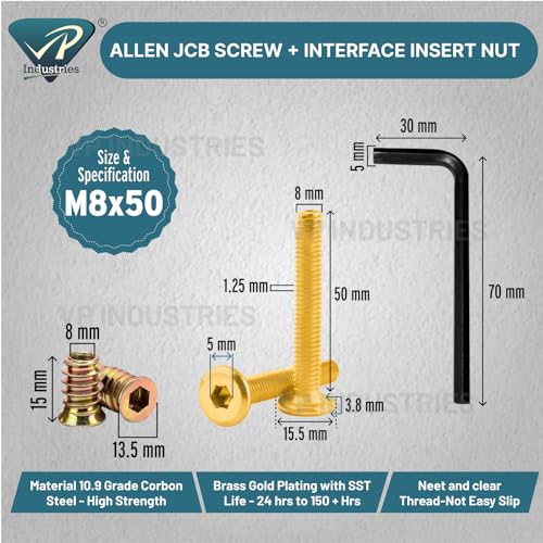 Image of Rely⇒VP INDUSTRIES (Combo Set -10 Pcs) M8x50 mm Allen JCB Screw with M8x15 mm Interface Thread Wood Insert D-Nut With Allen Key 1) Fastener for Joining Wood Boards, Cabinets,Cupboards,Chairs Beds.