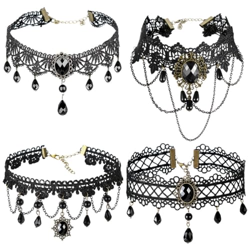 Gothic Halskette Set, 4 Stück Schwarz Spitze Choker, Halloween Lace Choker Halskette Schwarz, Vampir Kette Damen, Kostüm Schmuck für Karnevals...