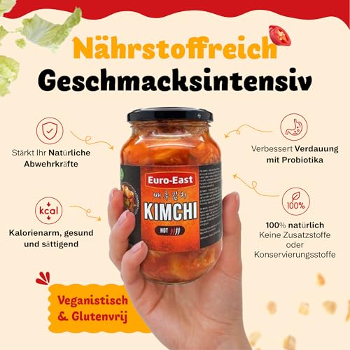 Euro-East Kimchi, Koreanisch Vegan und Glutenfrei eingelegter Chinakohl im koreanischen Stil, leicht Schärfe für europäischen Geschmack, Groß 1er pack (1x3000g)