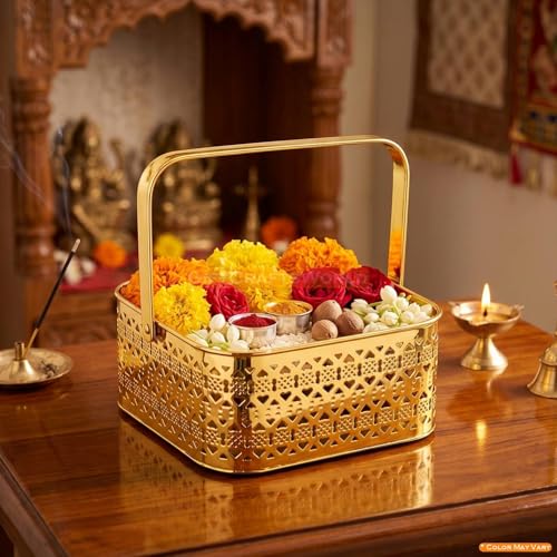 Image of Multipurpose Metal Basket For Gift Hamper, Pooja Temple Storage With Sturdy Handle, Decorative Flower Organizer & Versatile Puja Utility Accessories Home Decoration (Square)
