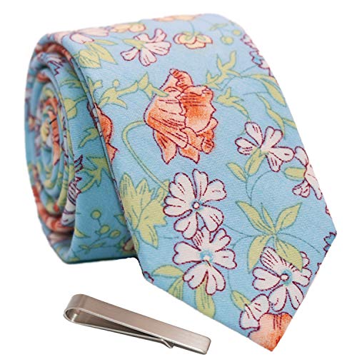 Image of Men's Skinny Tie Floral Cotton Necktie and Tie Bar Clip Sets, Great for Weddings,Groom,Groomsmen