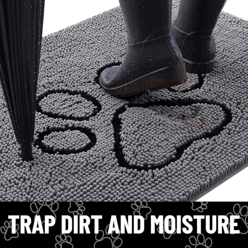 Image of Smiry Dog Door Mat for Muddy Paws, Absorbent Dirt Trapper Non Slip Quick Dry Washable Chenille Mat for Mud Dogs, Entry Rug for Indoor and Outdoor (70x24 Inches, Dark Grey and Black)
