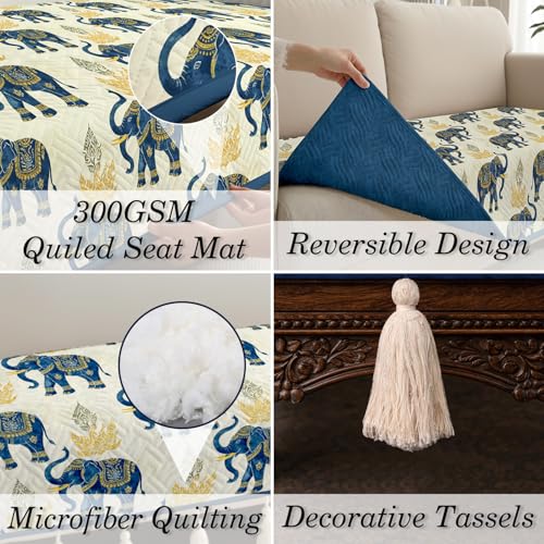 Image of Cloth Fusion Quilted Sofa Cover Seat Mat 3 Seater Chaise, Elephant Motif | Reversible Jaipuri Print, 180 cm, Seat Cover Only, Decorative Tassel Edging With A Spare, Easy Tuck-In Hold, Not Anti-Slip