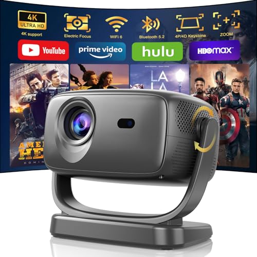 Vidéoprojecteur 4K, 26000Lux Projecteur Home Cinéma avec WiFi 6 et Bluetooth 5.2,180°Tourner,...