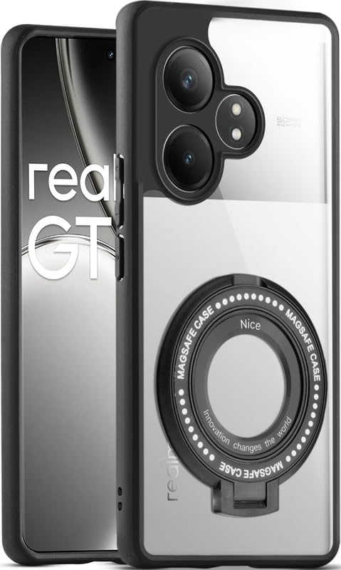 Image of Mr. Case Back Cover for Realme GT 6T 5G with Transparent Back & Kickstand | Clear Hard Back with Silicone Frame - Black
