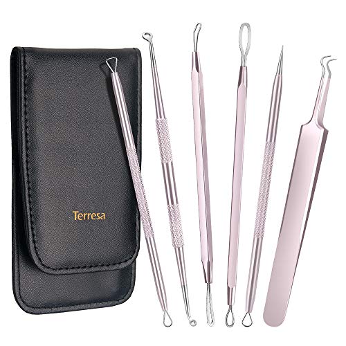 Blackhead Remover Pimple Extractor Tool, Terresa 6Pcs Blackhead Comedone Curved Blackhead Tweezers Kit, 11-Heads Professional Stainless Pimple Acne Blemish Removal Tools Set(Rose Gold)