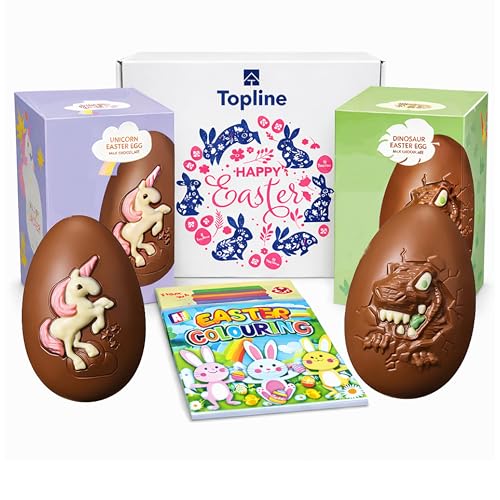 Easter Chocolate Eggs Hamper for Easter Gifts - Milk Chocolate Unicorn & Dinosaur 151g Easter Eggs with Colouring Book. Great Chocolate Hamper for Gifts Egg Hunts