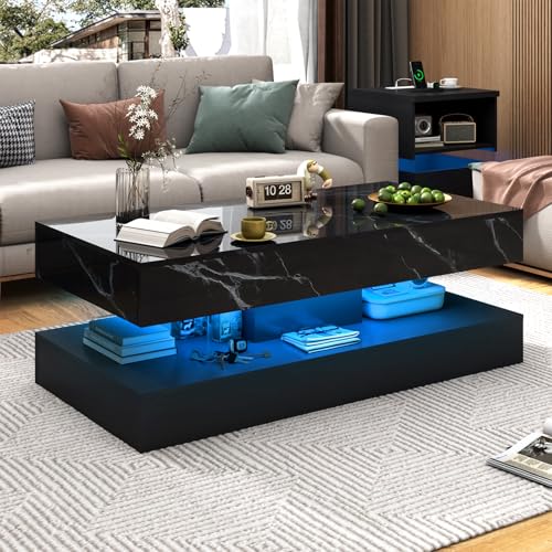 chartustriable 47.2' Large High-Glossy LED Coffee Table with 2 Sliding Drawers, Living Room Storage...