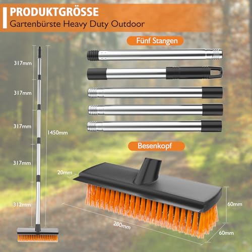 Besen mit Stiel, Strassenbesen mit Teleskopstiel, Straßenbesen Kehrbesen mit 30cm Hartborstenkopf und Schrubber, 145cm Langem Stiel Draußen Besen Gartenbesen für Garten, Terrasse, Auffahrt, Schulen – Bild 3