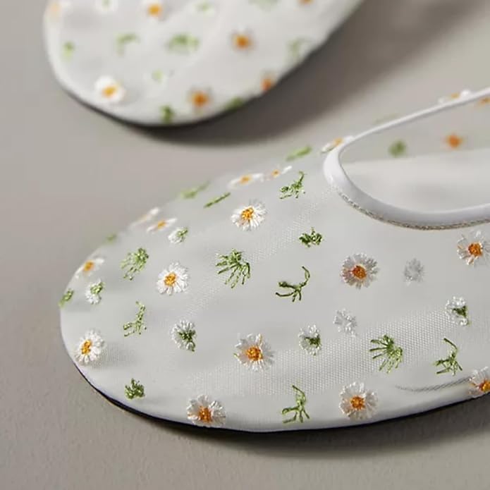 Image of Nude Mesh Ballet Flats for Women Tulle Floral Embroidered Mary Jane Ballerina Round Toe Comfortable Daily Dress Ballet Flats Shoes with Strap