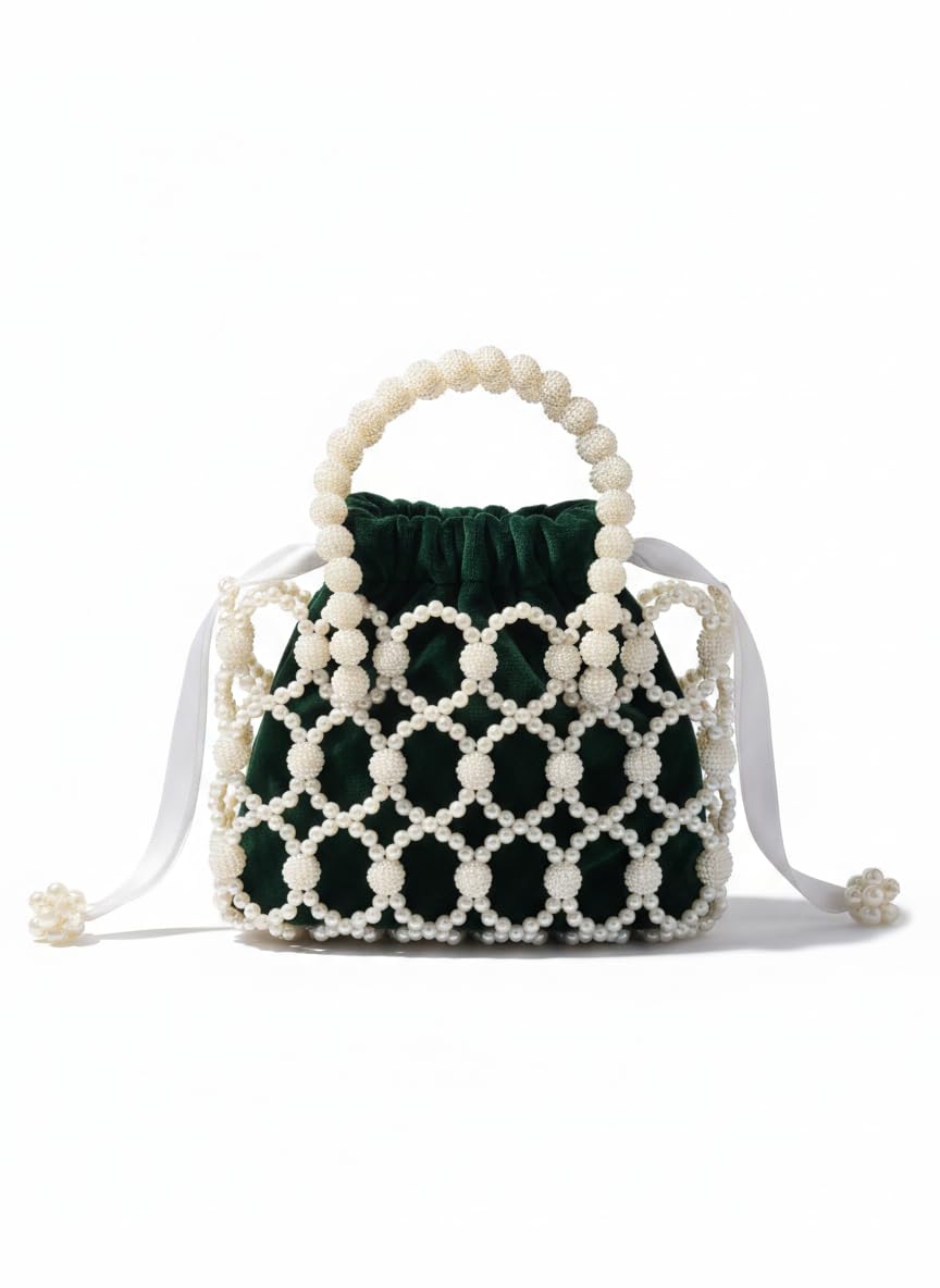 Green Velvet Pearl Beaded Potli Handbag for Women (12 mm Berry Pearl)-image-21