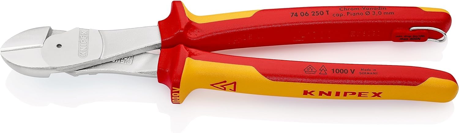 KNIPEX Alicates de corte diagonal de fuerza cromado Aislado con fundas multicomponente, homologado por VDE; con anilla de fijación, 74 06 250 T